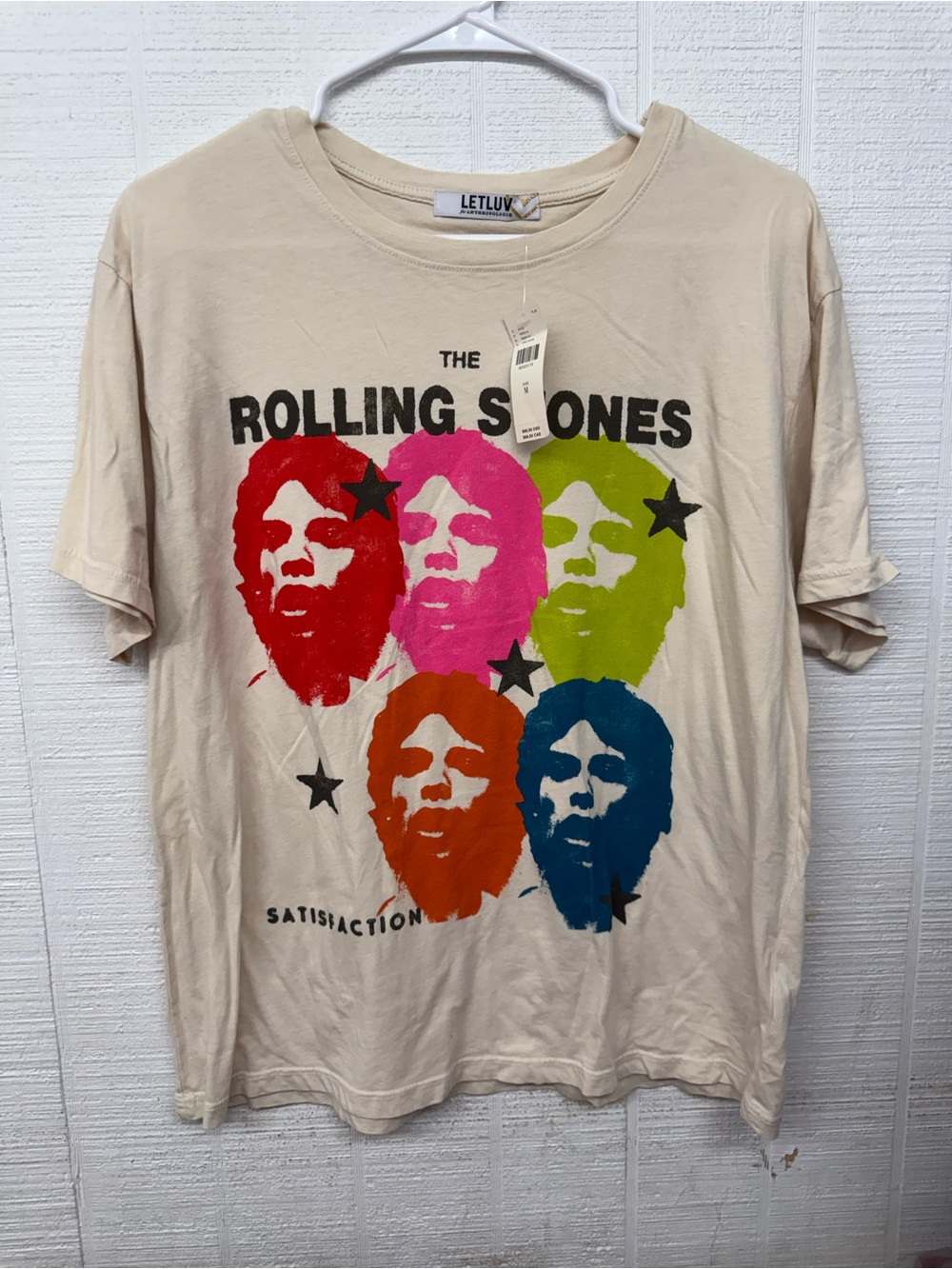 Anthropologie Beige Rolling Stones Short-Sleeve Tee with Multicolor Faces